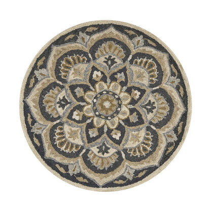 6' Black and Tan Round Wool Floral Medallion Hand Tufted Area Rug