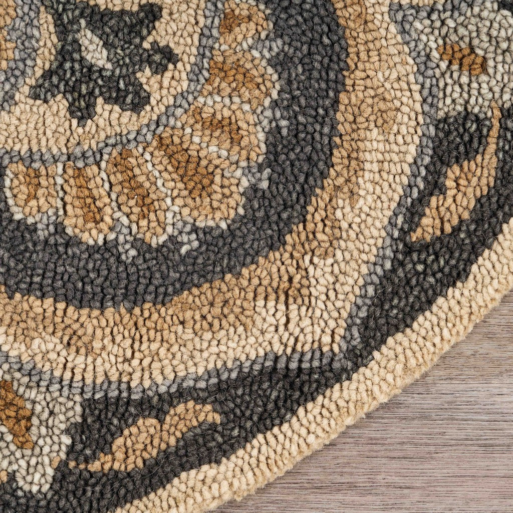 6' Black and Tan Round Wool Floral Medallion Hand Tufted Area Rug