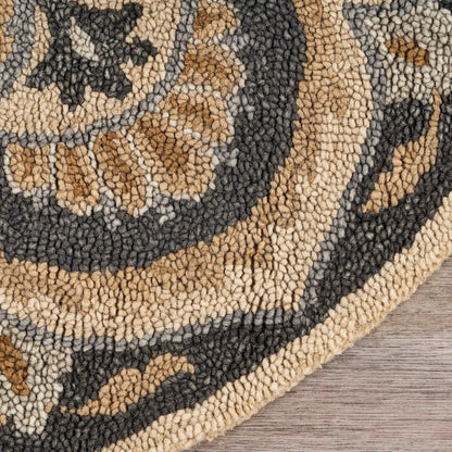 6' Black and Tan Round Wool Floral Medallion Hand Tufted Area Rug