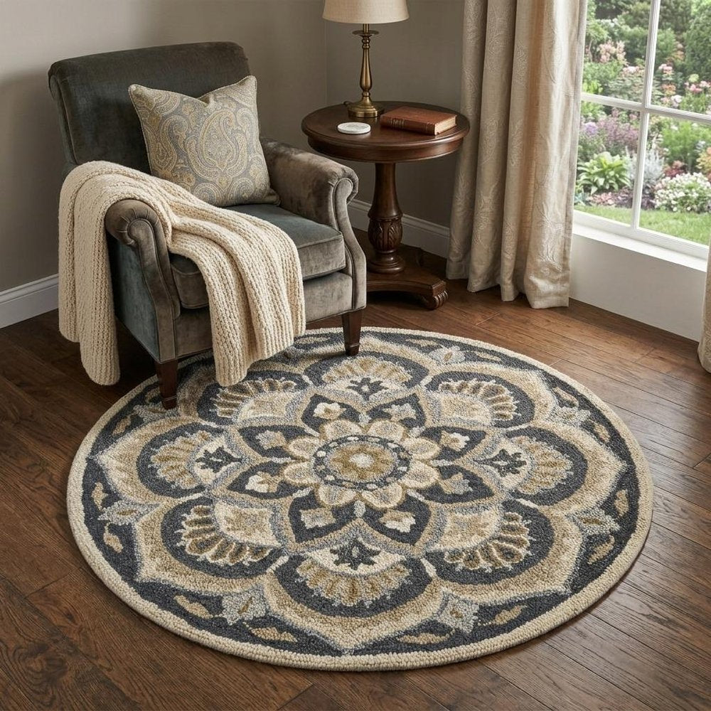 6' Black and Tan Round Wool Floral Medallion Hand Tufted Area Rug