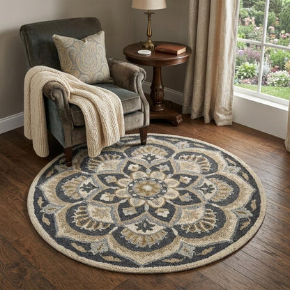 6' Black and Tan Round Wool Floral Medallion Hand Tufted Area Rug