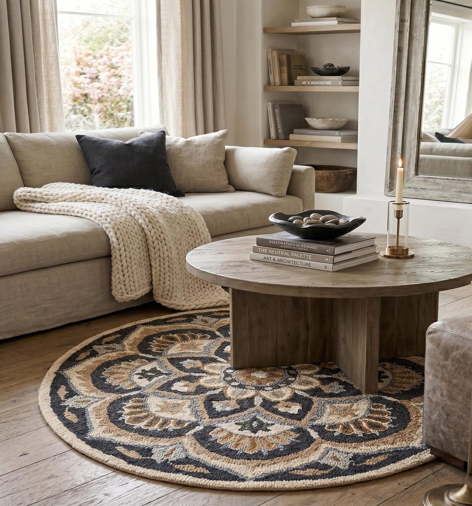 4' Round Black Flower Blossom Area Rug