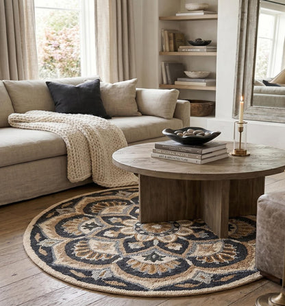 4' Round Black Flower Blossom Area Rug