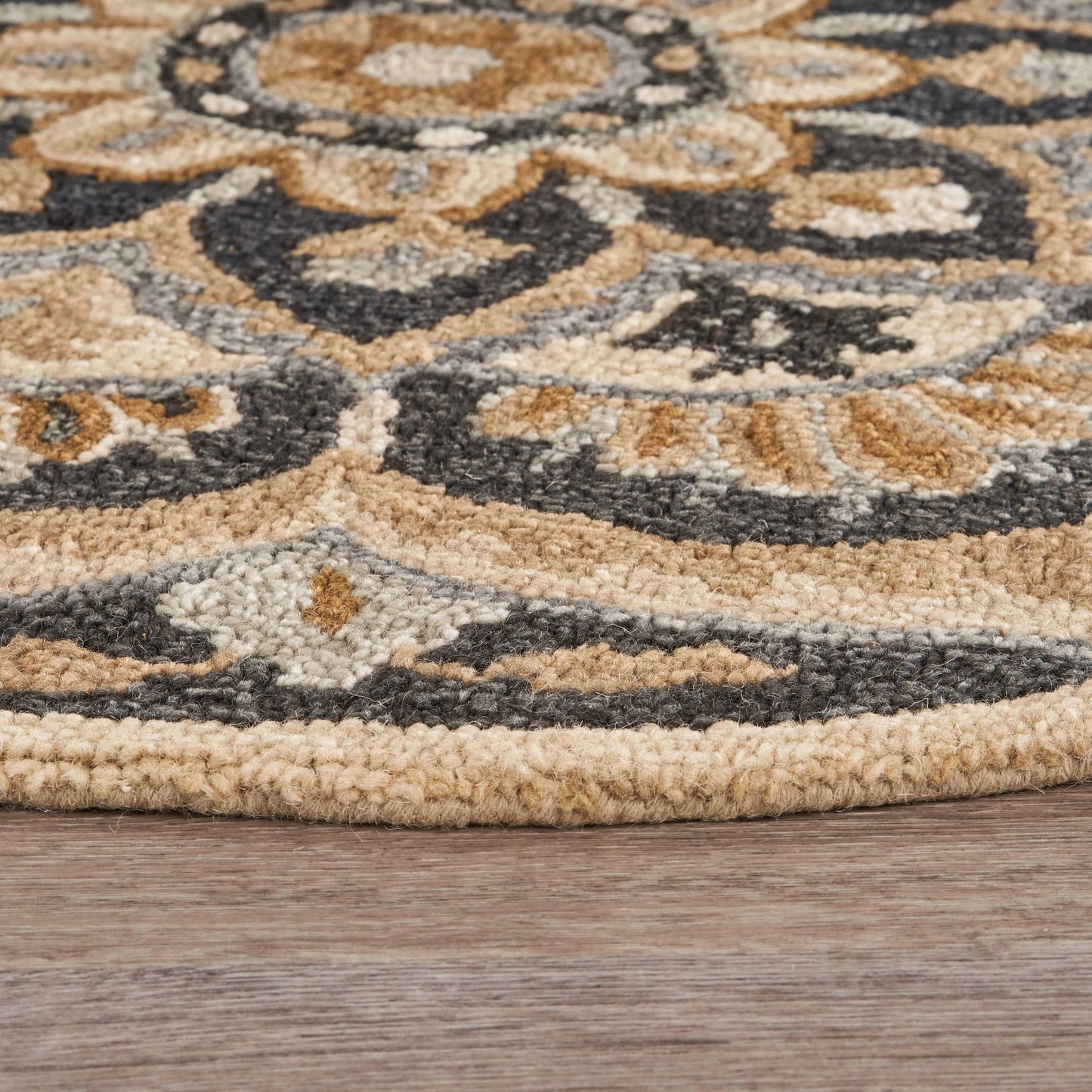 6' Black and Tan Round Wool Floral Medallion Hand Tufted Area Rug