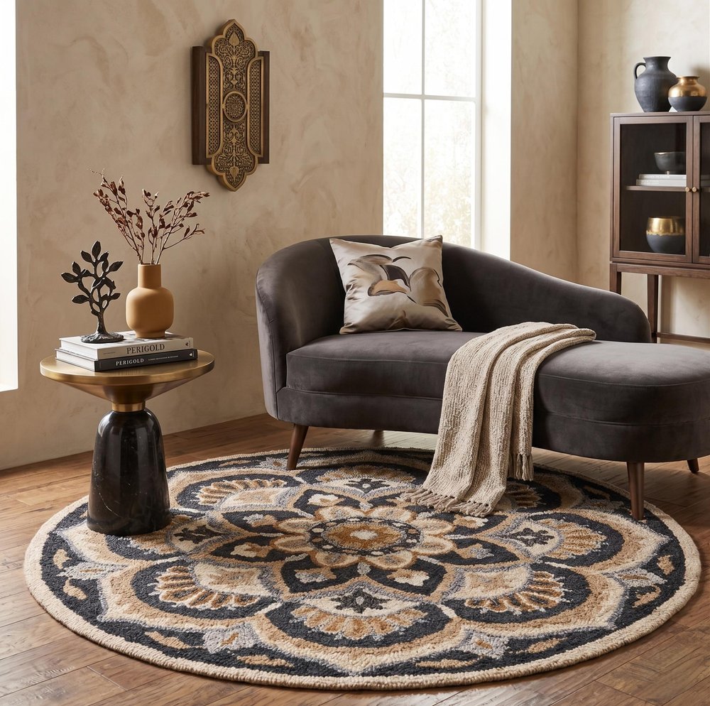 4' Round Black Flower Blossom Area Rug