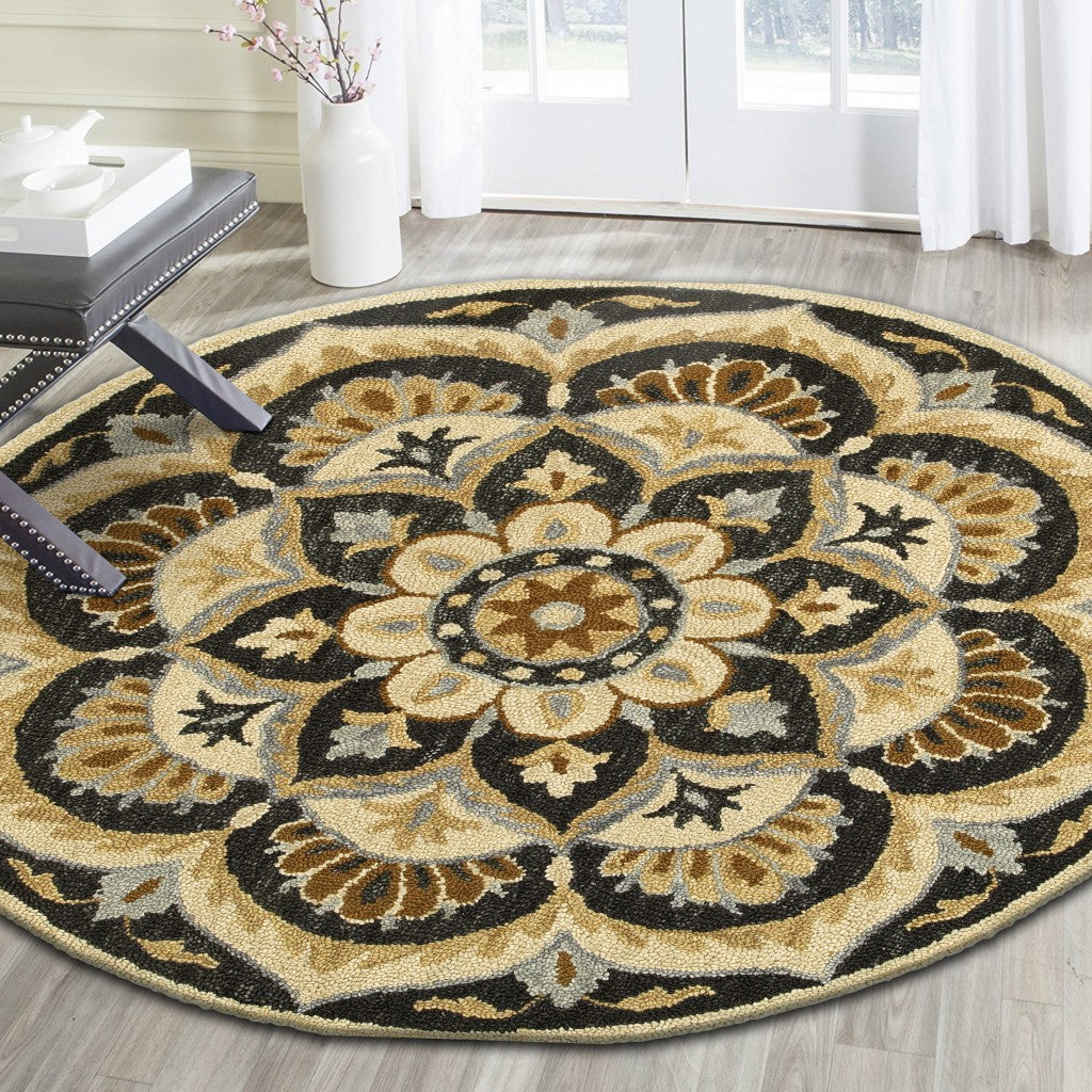 6' Black and Tan Round Wool Floral Medallion Hand Tufted Area Rug