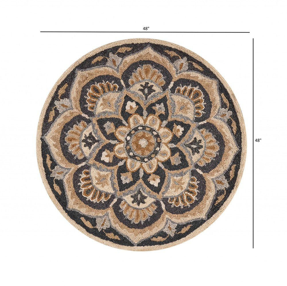4' Round Black Flower Blossom Area Rug
