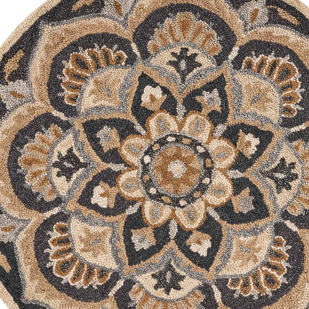 6' Black and Tan Round Wool Floral Medallion Hand Tufted Area Rug