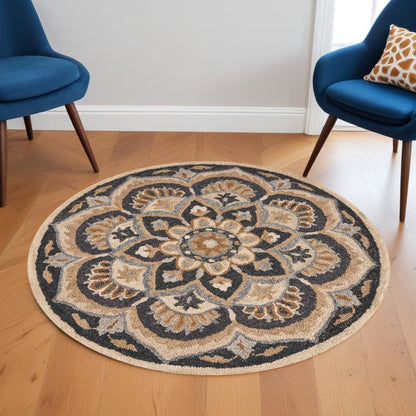 4' Round Black Flower Blossom Area Rug