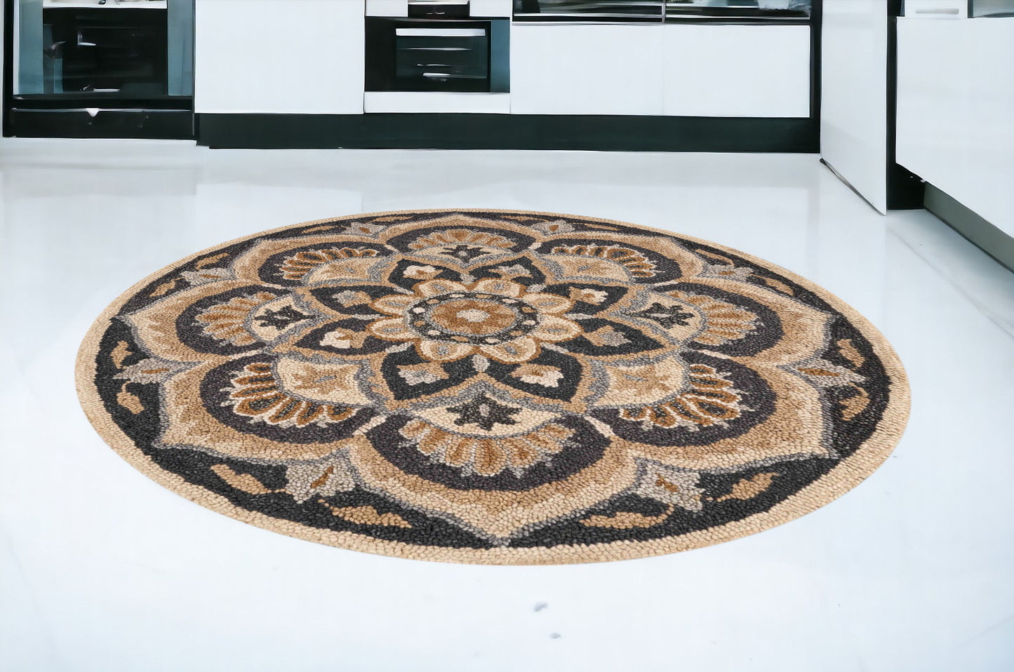 6' Black and Tan Round Wool Floral Medallion Hand Tufted Area Rug