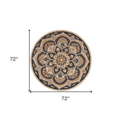 6' Black and Tan Round Wool Floral Medallion Hand Tufted Area Rug