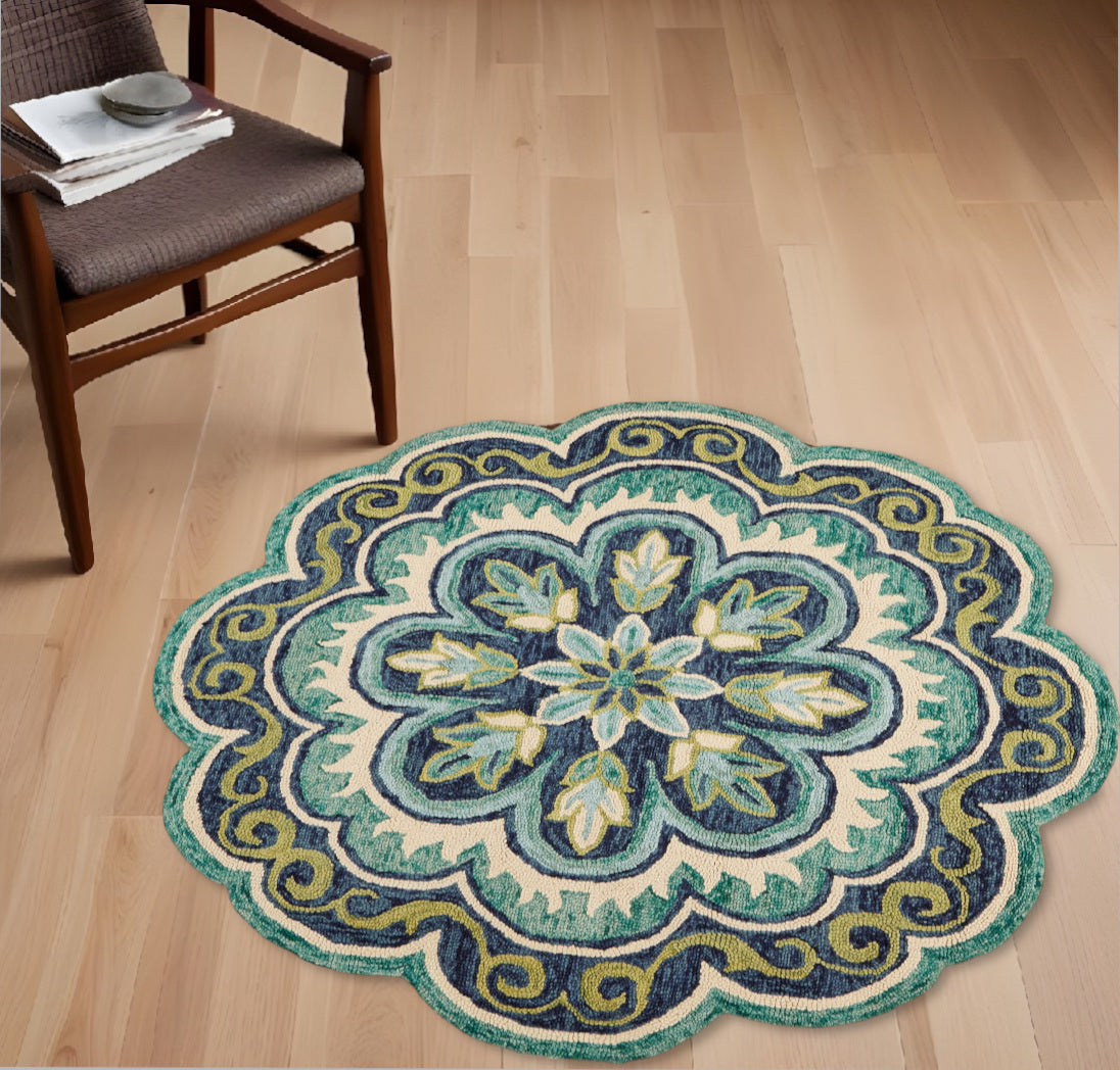 4' Round Green Floral Artwork Area Rug