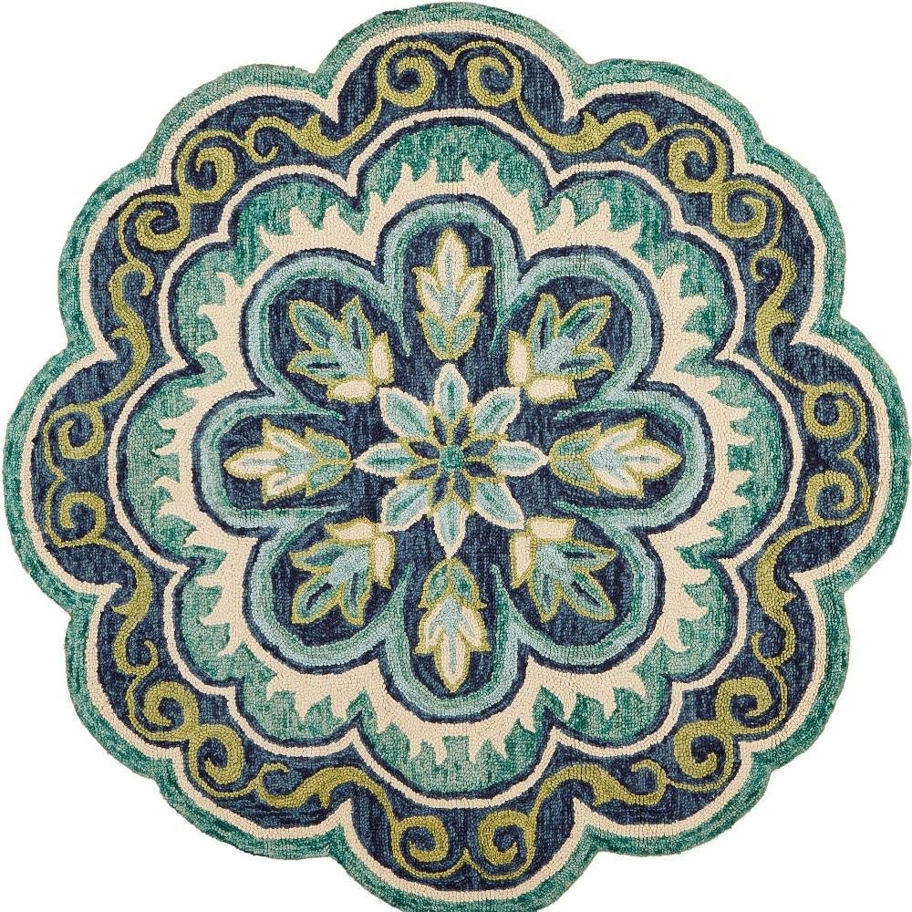 6' Green And Ivory Wool Geometric Hand Tufted Round Rug