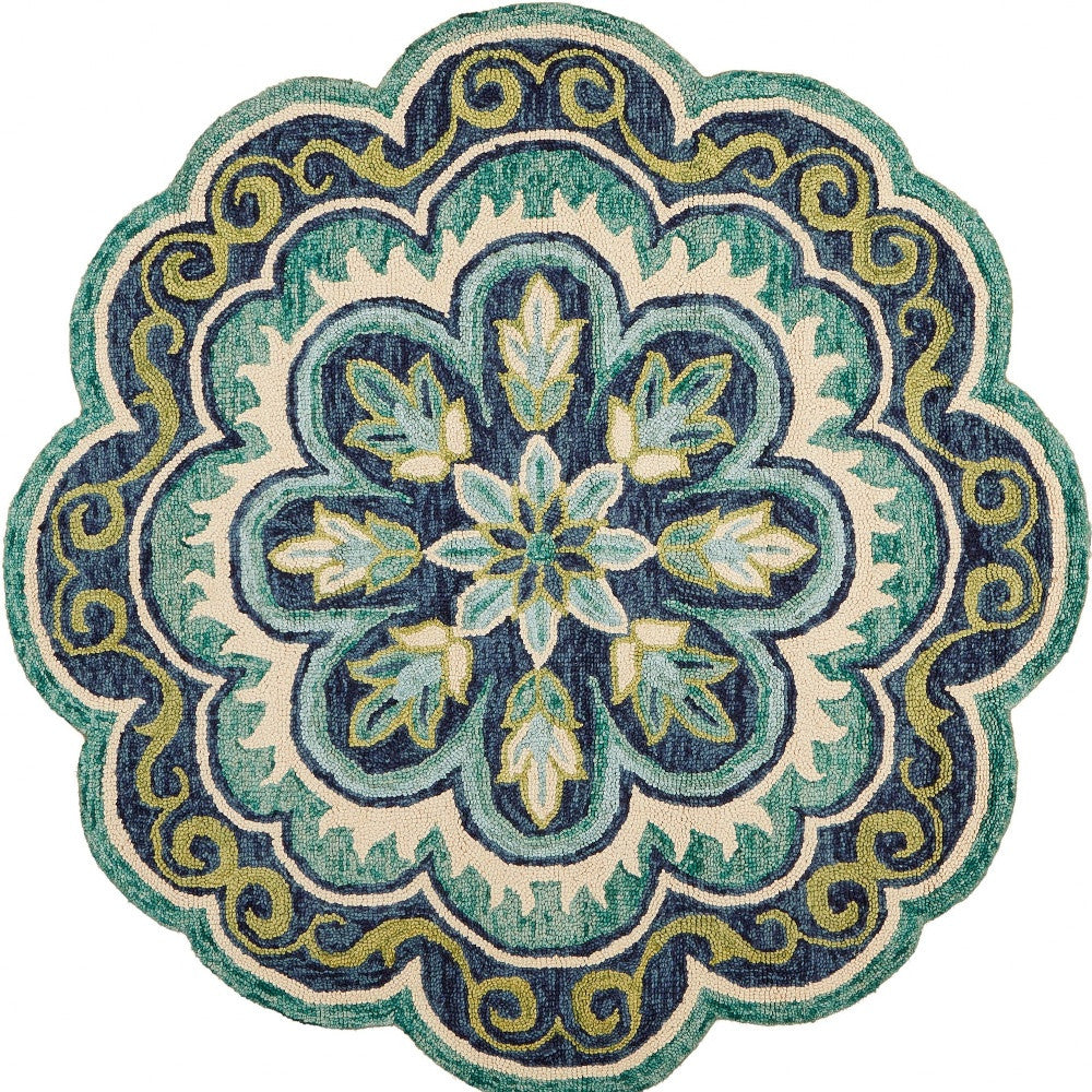 4' Round Green Floral Artwork Area Rug