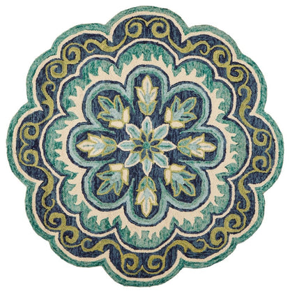 6' Green And Ivory Wool Geometric Hand Tufted Round Rug