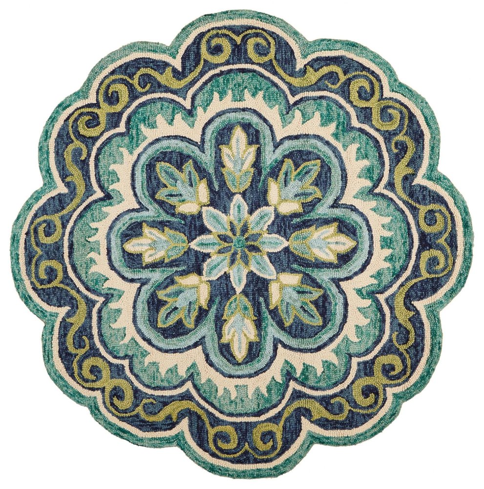 6' Green And Ivory Wool Geometric Hand Tufted Round Rug