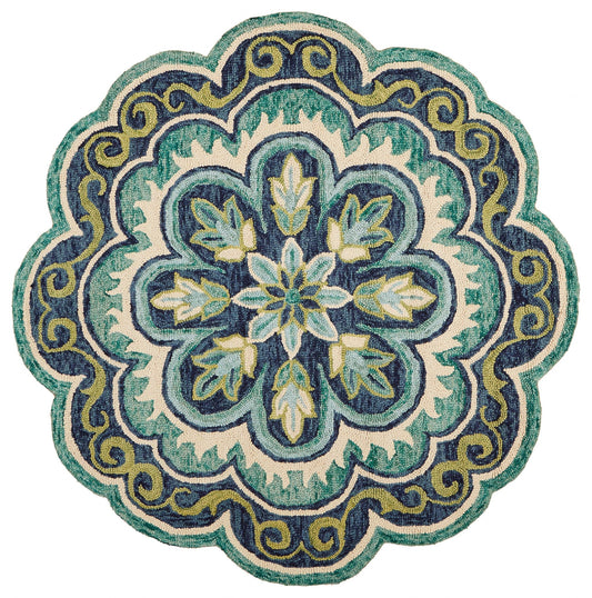 6' Green Round Wool Geometric Hand Tufted Area Rug