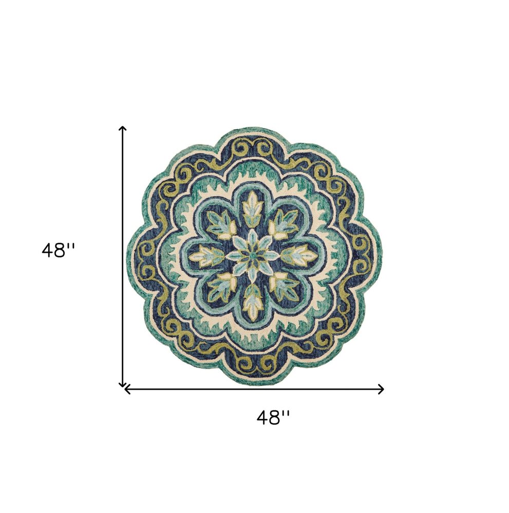 6' Green And Ivory Wool Geometric Hand Tufted Round Rug