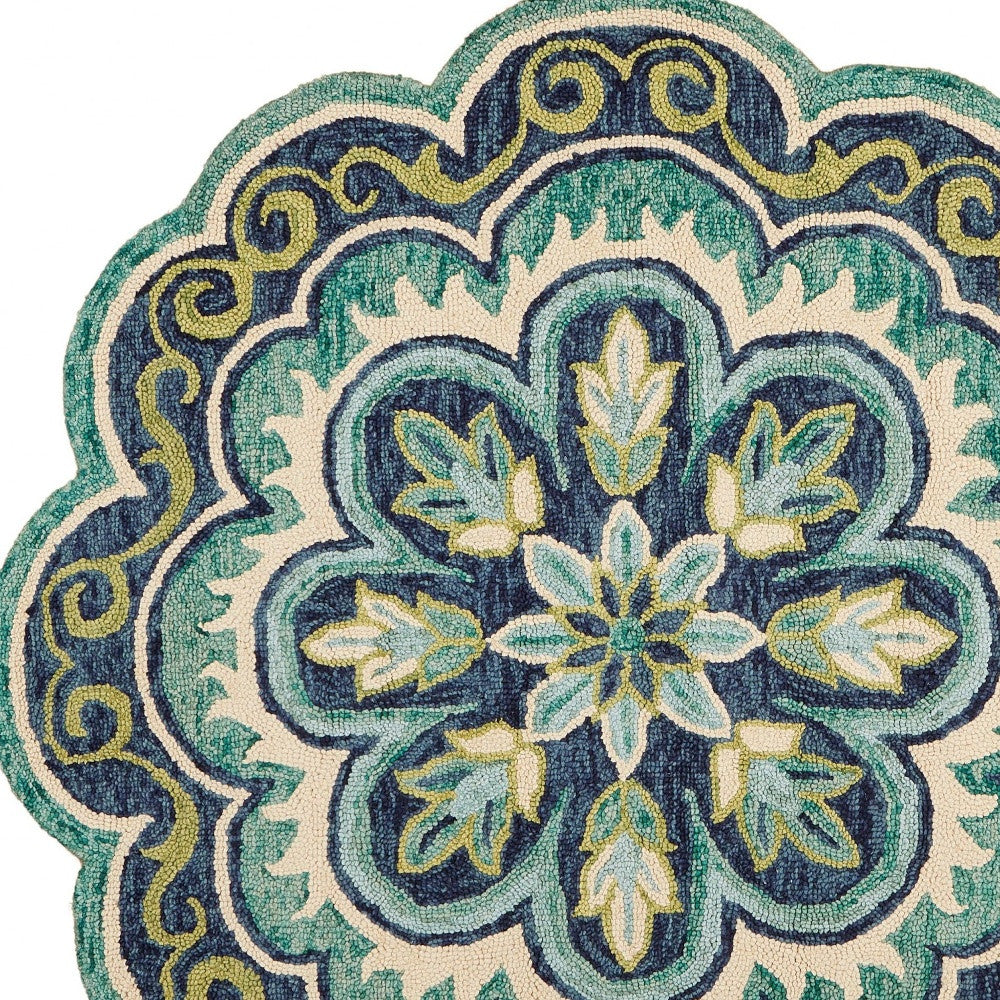 4' Round Green Floral Artwork Area Rug