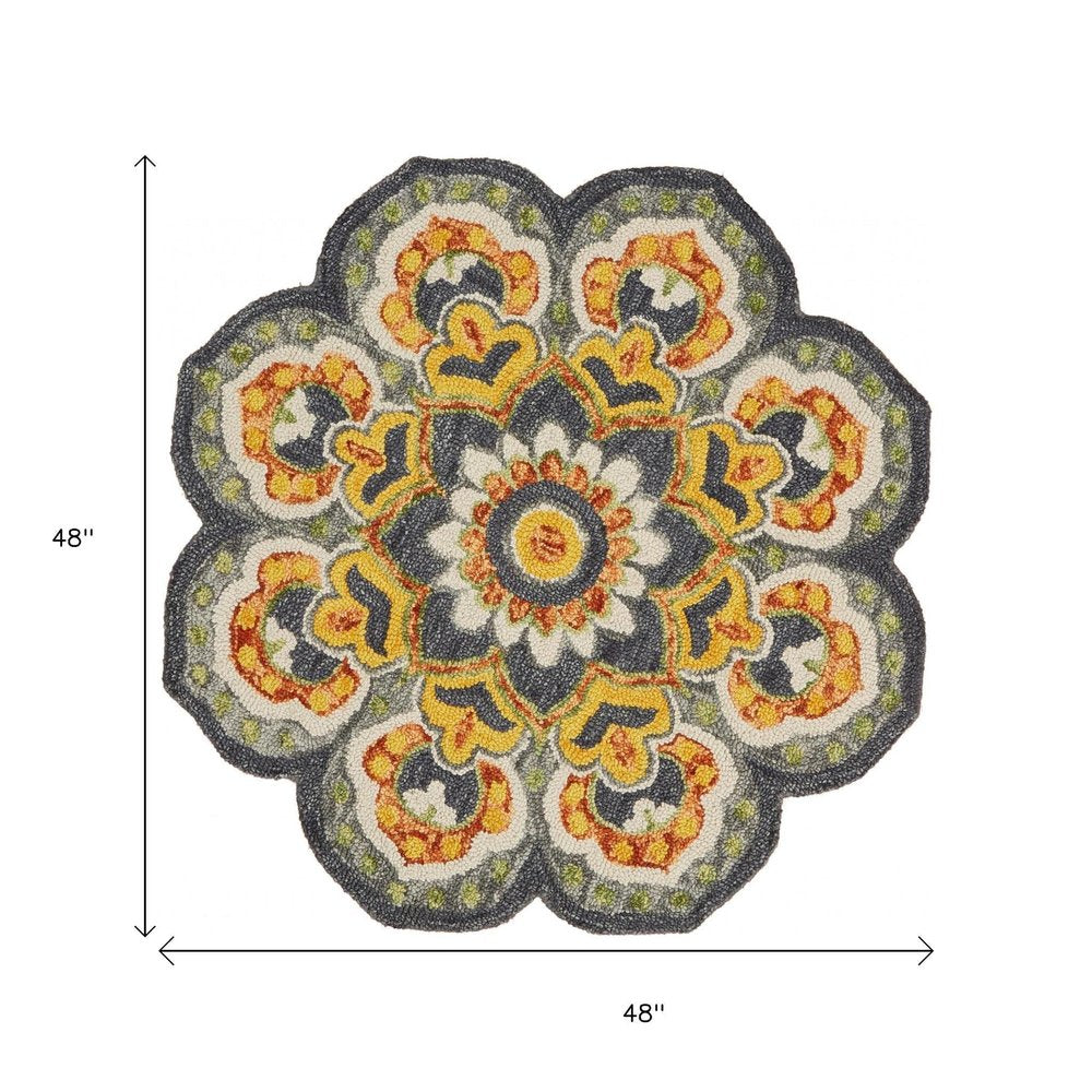 4' Gray Wool Geometric Hand Tufted Round Rug
