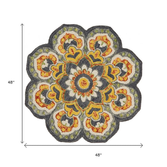 4' Gray Wool Geometric Hand Tufted Round Rug