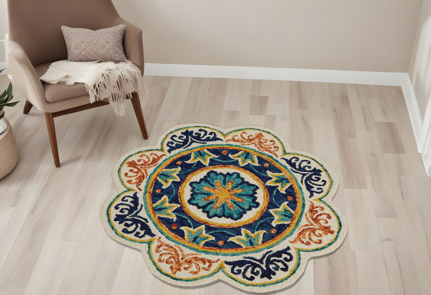 4' Round Ivory And Navy Decorative Area Rug