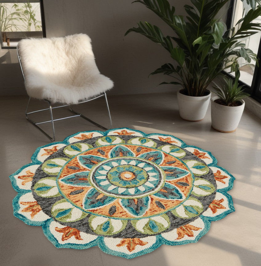 4' Round Blue And Orange Medallion Area Rug