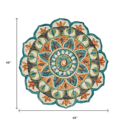 6' Blue And Green Wool Geometric Hand Tufted Round Rug