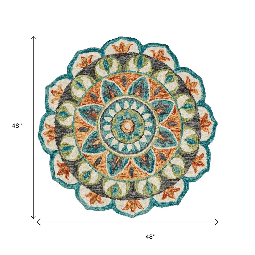 6' Blue And Green Wool Geometric Hand Tufted Round Rug