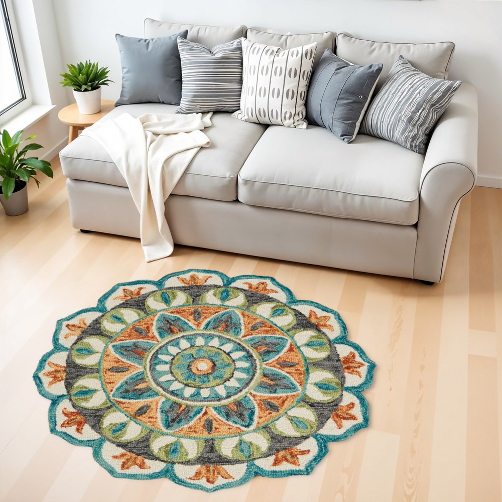 4' Round Blue And Orange Medallion Area Rug