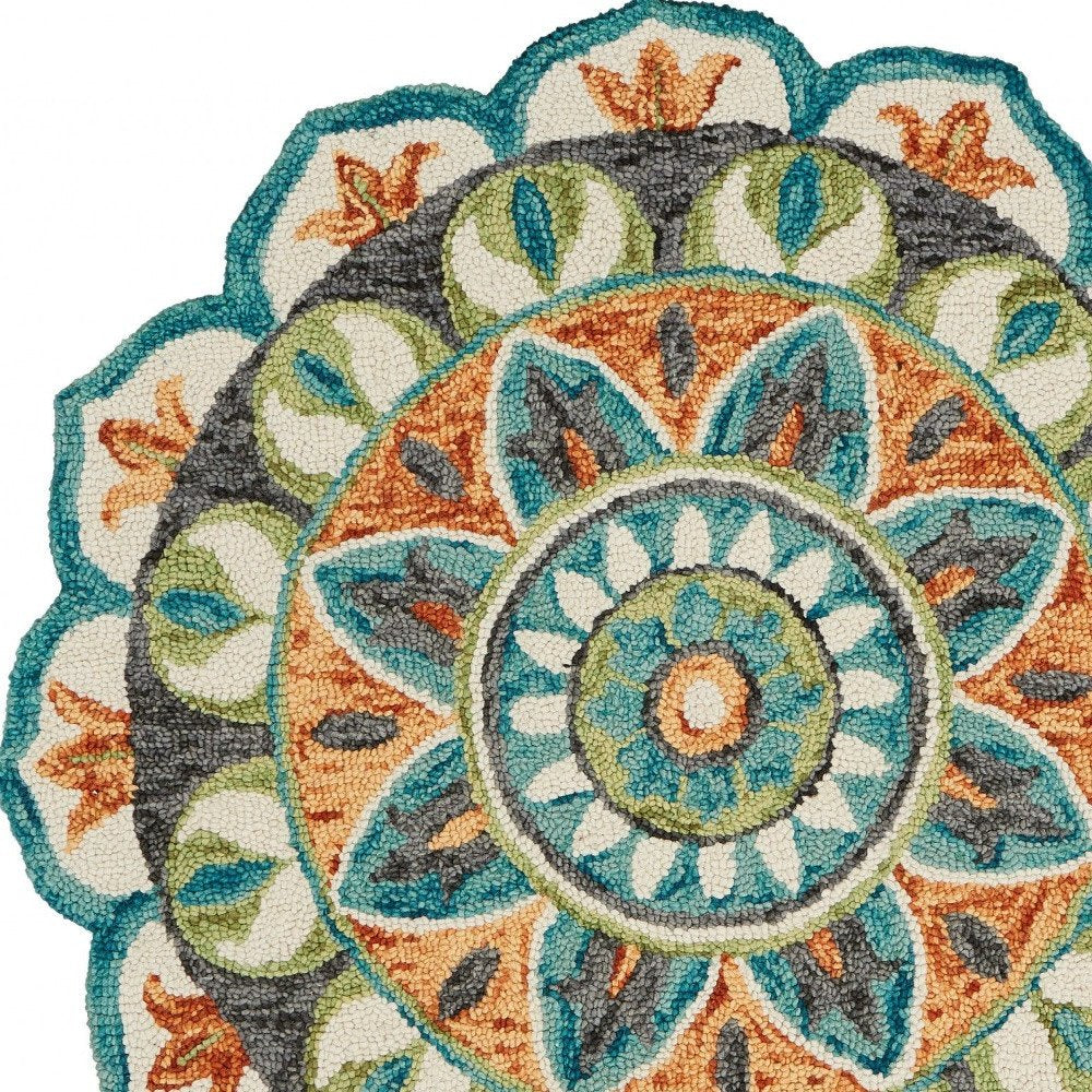 6' Blue And Green Wool Geometric Hand Tufted Round Rug