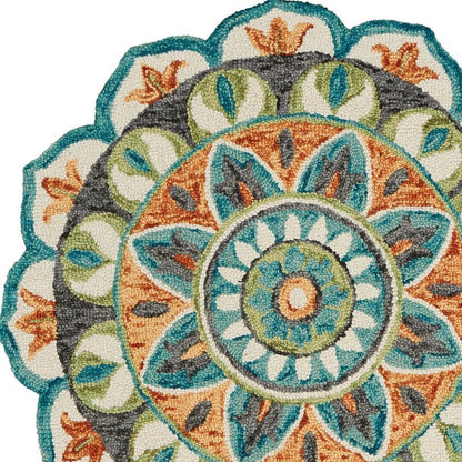 4' Round Blue And Orange Medallion Area Rug