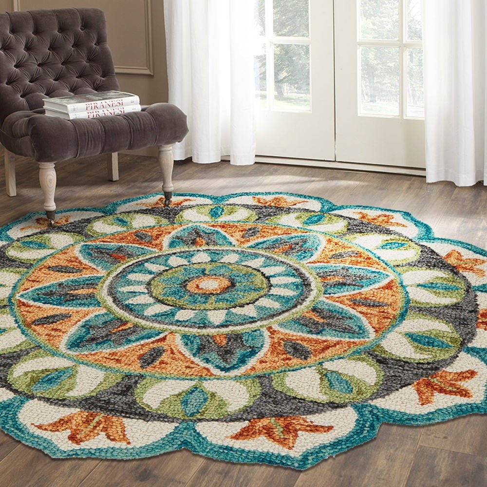 6' Blue And Green Wool Geometric Hand Tufted Round Rug