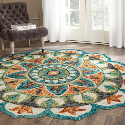 6' Blue And Green Wool Geometric Hand Tufted Round Rug