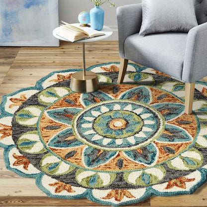 6' Blue And Green Wool Geometric Hand Tufted Round Rug