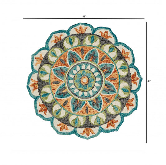 4' Round Blue And Orange Medallion Area Rug