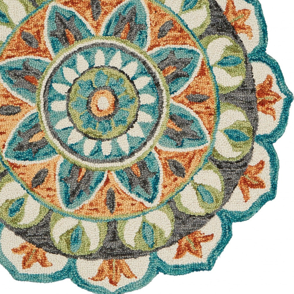 4' Round Blue And Orange Medallion Area Rug