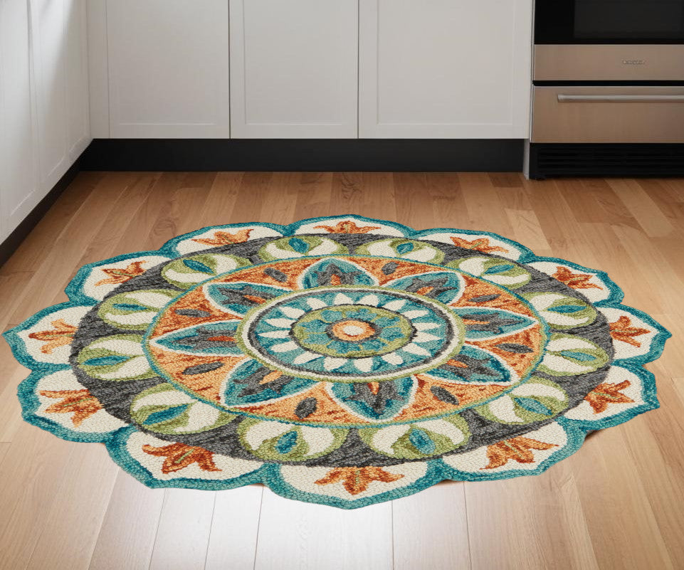 4' Round Blue And Orange Medallion Area Rug