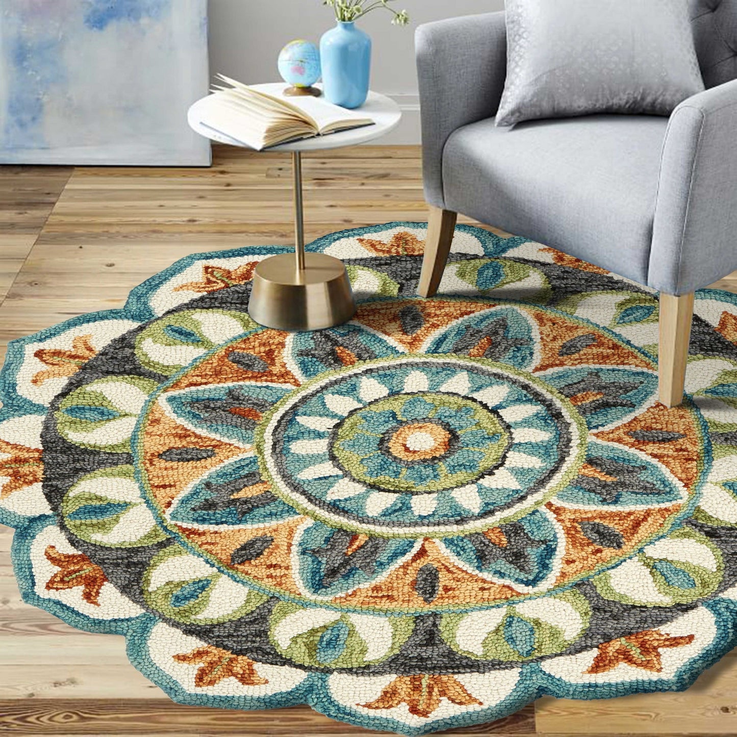 4' Round Blue And Orange Medallion Area Rug