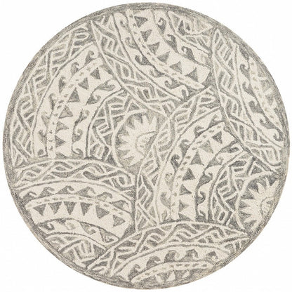 6' Gray Round Wool Geometric Hand Tufted Area Rug