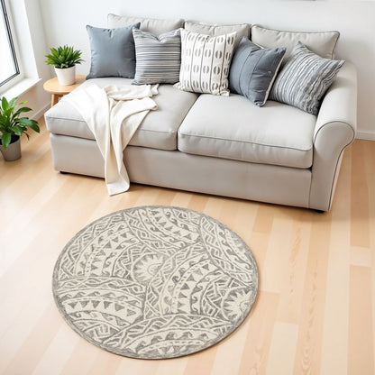 6' Gray Round Wool Geometric Hand Tufted Area Rug