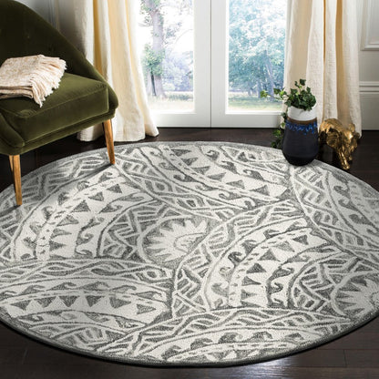 6' Gray Round Wool Geometric Hand Tufted Area Rug