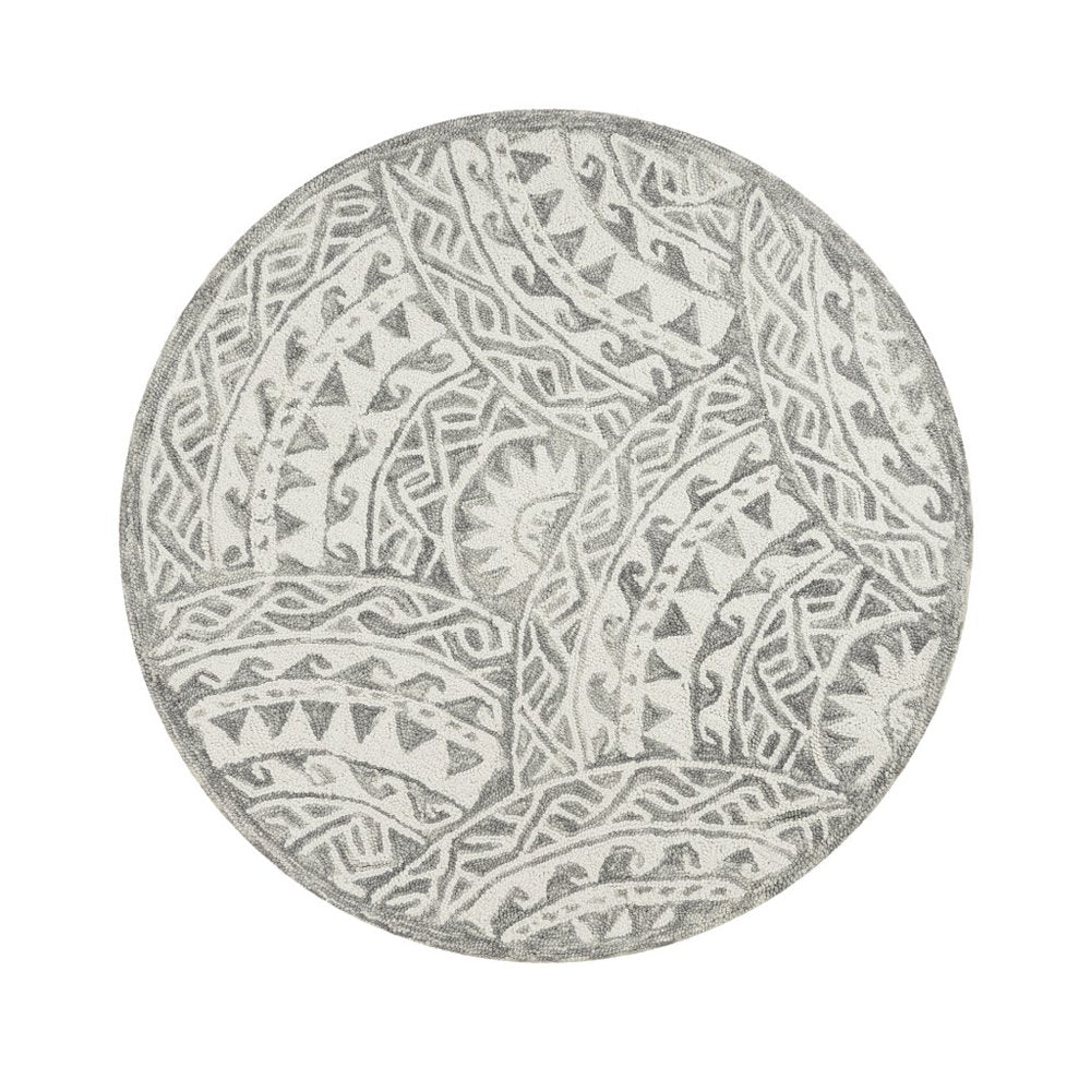 6' Gray Round Wool Geometric Hand Tufted Area Rug