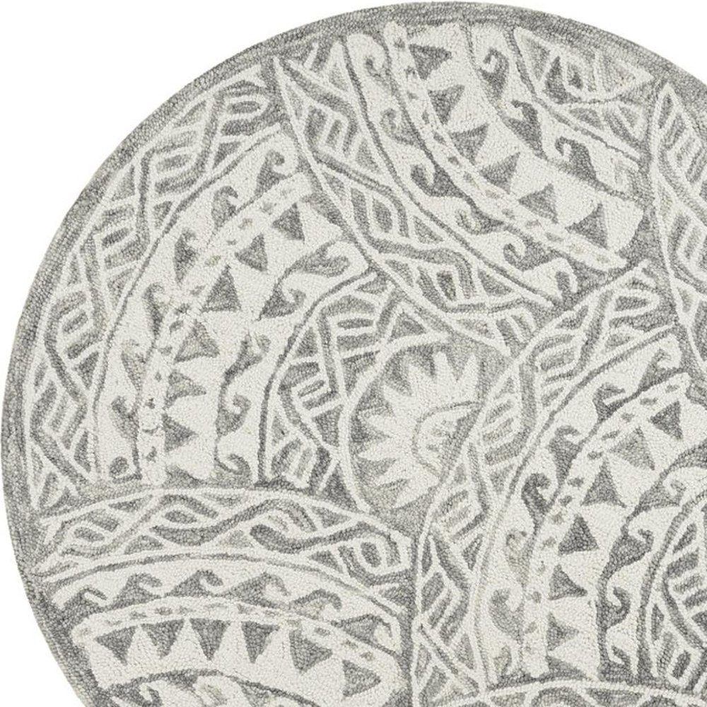6' Gray Round Wool Geometric Hand Tufted Area Rug