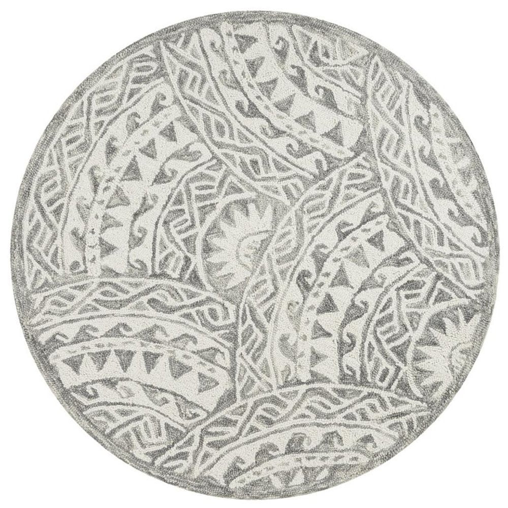 6' Gray Round Wool Geometric Hand Tufted Area Rug