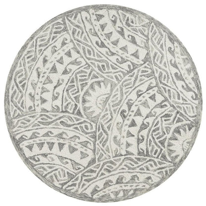 6' Gray Round Wool Geometric Hand Tufted Area Rug
