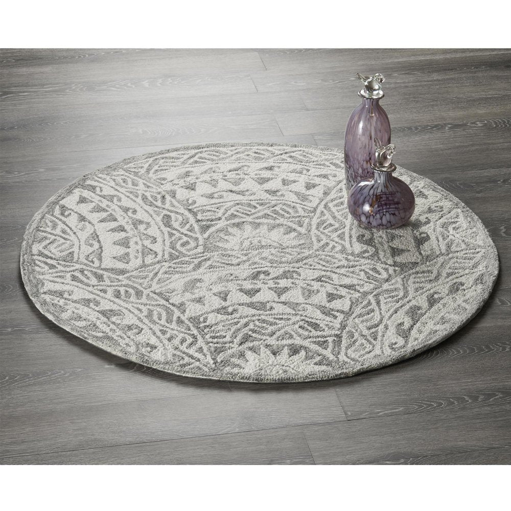 6' Gray Round Wool Geometric Hand Tufted Area Rug