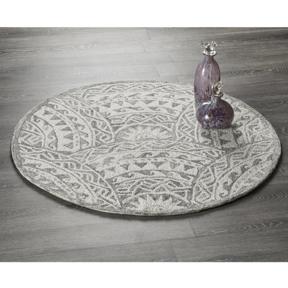 6' Gray Round Wool Geometric Hand Tufted Area Rug