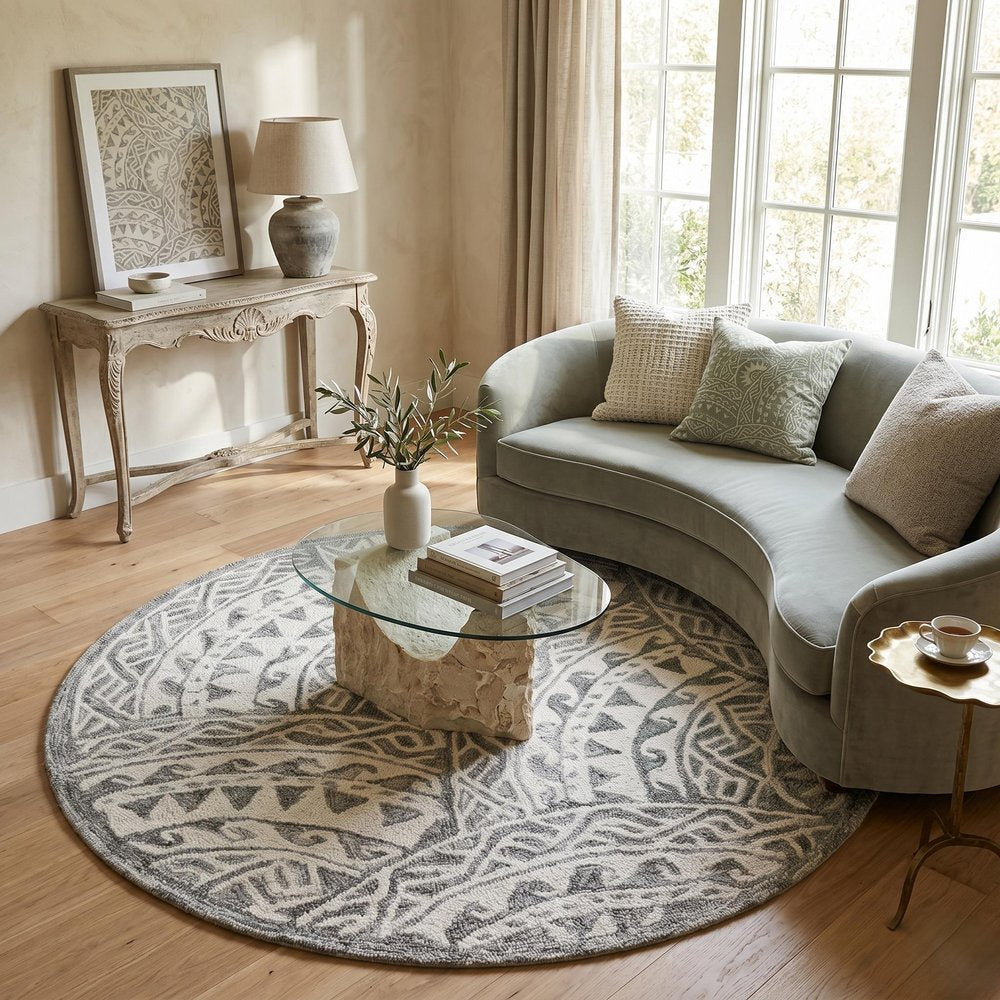 6' Gray Round Wool Geometric Hand Tufted Area Rug