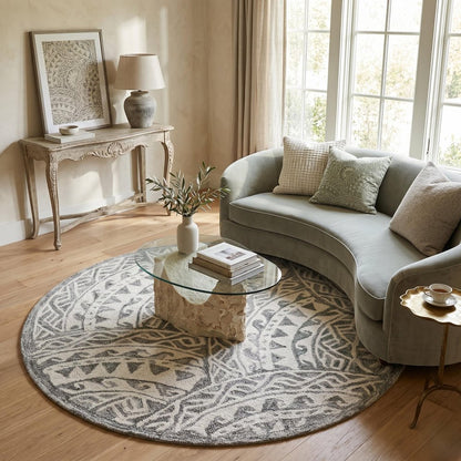 6' Gray Round Wool Geometric Hand Tufted Area Rug